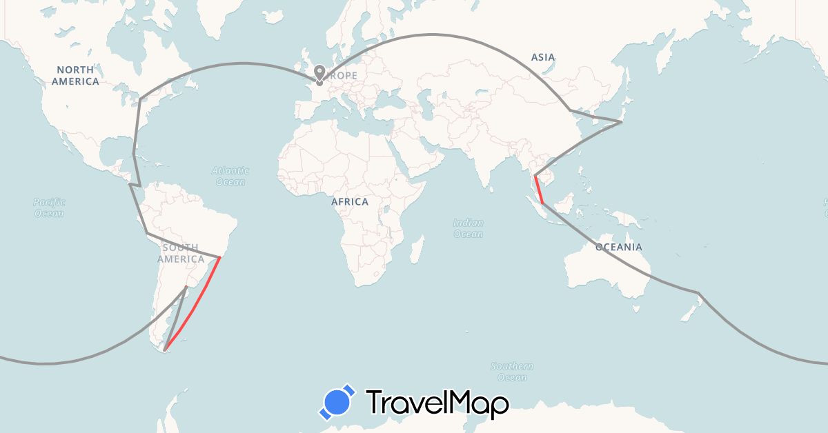 TravelMap itinerary: driving, plane, hiking in Argentina, Brazil, Canada, China, Costa Rica, Cuba, France, Japan, South Korea, New Zealand, Panama, Peru, Singapore, Thailand (Asia, Europe, North America, Oceania, South America)